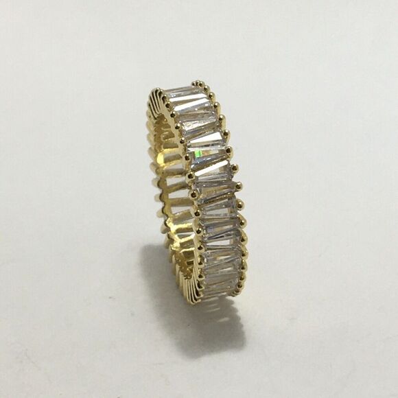 Eternity Ring Size 6.75 Yellow Gold Tone Faux Diamond Clear Rhinestones - Picture 12 of 16